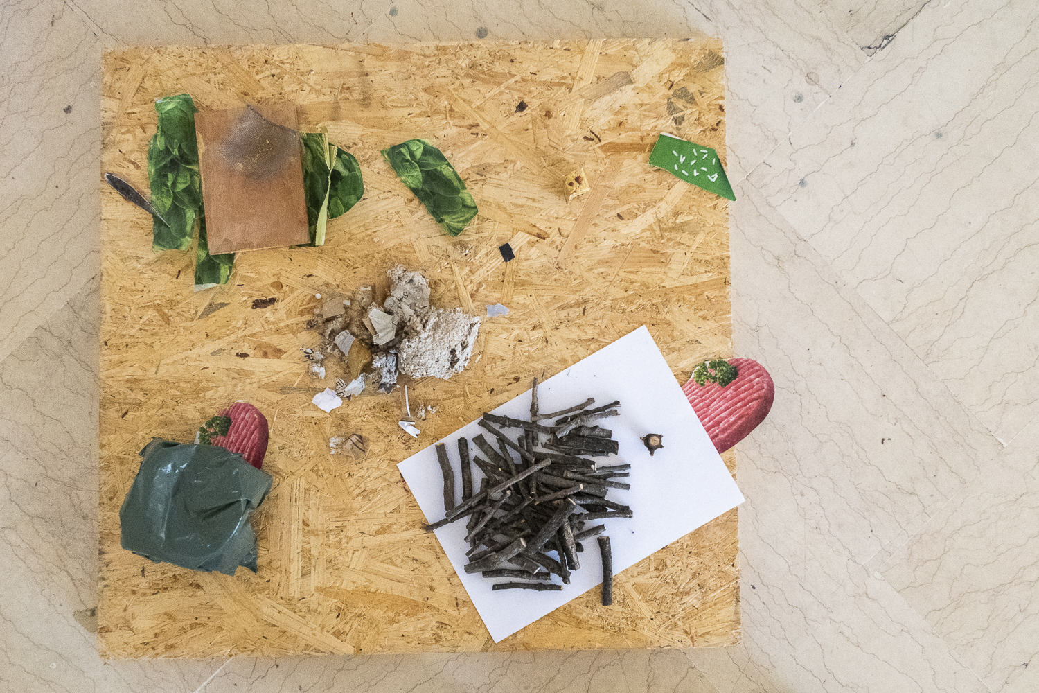 Photographie  en plongée d'une planche d'OSB posée au sol où sont présentés des emballages en papier, carton et plastique, ainsi q'une feuille blanche qui semble être une créature car un steak découpé dans un emballage ressemble à une langue et une bûche miniature debout à un œil.